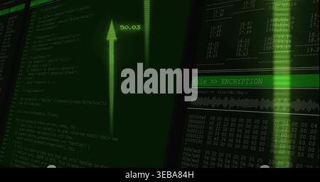 Displaying vertical monitors showing green code at ops room with 50 Stock Photo