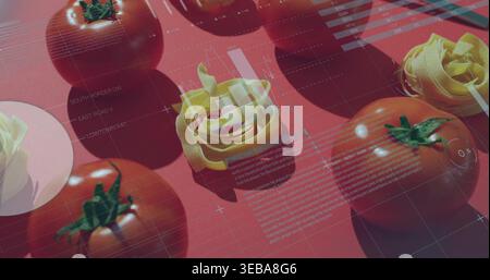 Displaying tomato and pasta nests casting highlights on red tabletop, pale disc and grid overlay Stock Photo