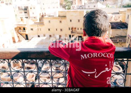 Traditional leather tanneries in Fez, Morocco, where workers use manual labor and natural dyes in colorful stone vats to process leather skins Stock Photo
