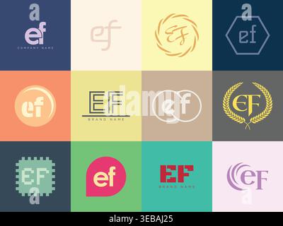 EF logo company template. Letter e and f logotype. Set different classic serif lettering and modern bold text with design elements. Initial font typog Stock Vector
