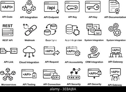 Api and web development icons with integration programming developer software application internet database security. Stock Vector