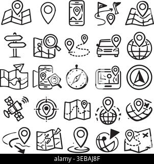 Various outline icons for travel and navigation maps pins compass car satellite destination markers with navigation, location. Stock Vector
