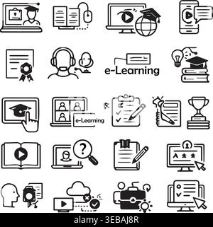 E-learning and online education icons: graduation cap laptop books certificate mouse globe courses with e learning, e-learning. Stock Vector