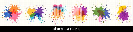 Colorful overlapping vector splash shapes with dripping liquid paint, ink drops stains graphic design elements set Stock Vector
