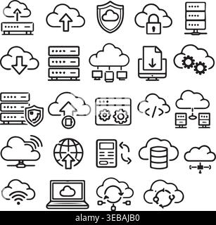 Cloud computing and technology icons servers clouds data transfer security symbols with line art cloud sync computing internet. Stock Vector