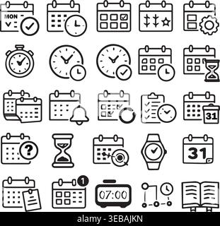 Collection of calendar and time icons digital and analog clocks hourglass scheduling symbols with line art calendar schedule. Stock Vector