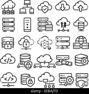 Cloud technology and server icons representing data storage security network connections with line art cloud computing security. Stock Vector