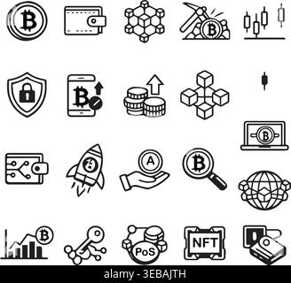 Set of bitcoin and cryptocurrency icons digital currency and blockchain technology concepts magnifying glass smart contract. Stock Vector