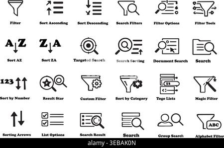 Collection of search and sorting icons filters magnifying glass ascending and descending order with search result, line art. Stock Vector
