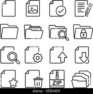 File management icons set outline with magnifying glass document management download settings security favorite interface. Stock Vector