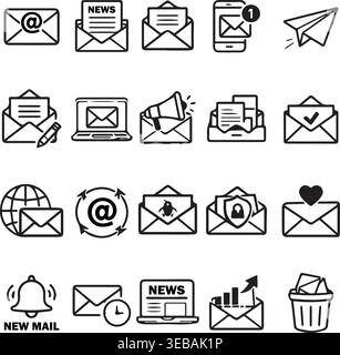 Collection of email and communication icons digital messaging and mail service concepts paper airplane communication envelope. Stock Vector