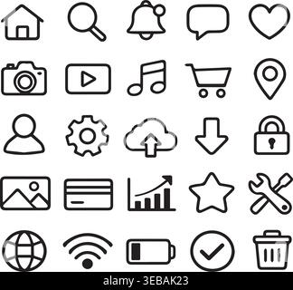 A set of outline icons for common web and app functions camera play button music note shopping cart cloud upload with shopping. Stock Vector
