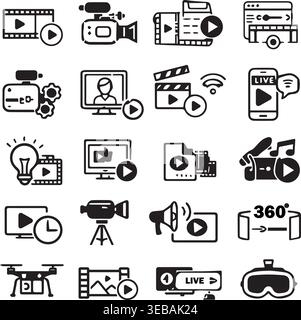 Production and multimedia icons: cameras streaming editing drone vr headset live broadcast with production multimedia streaming. Stock Vector