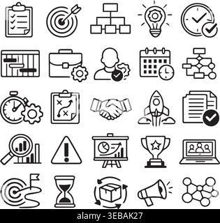 Business and strategy icons: checklist target organization chart idea lightbulb clock handshake rocket launch with business. Stock Vector