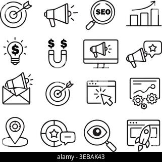 Seo and digital marketing icons set with search engine optimization social media magnifying glass marketing analytics. Stock Vector