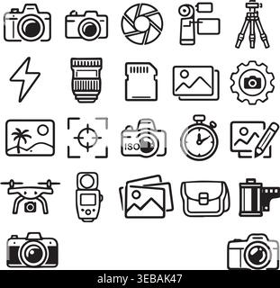 Photography equipment and accessories icons: cameras lenses tripod sd card drone film roll with vintage camera, photography. Stock Vector