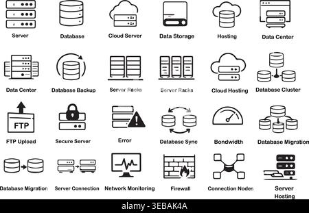 Server and data center icons collection with server room computer screen storage device hard drive server cluster big data. Stock Vector