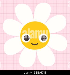 Simple vector daisy with cute face on pink background for graphic and package design for products for kids and babies Stock Vector