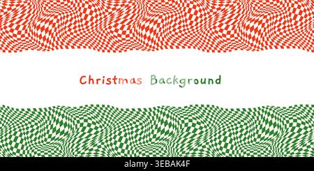 Red and green warped, distorted vector check border, psychedelic horizontal background for Christmas banners Stock Vector