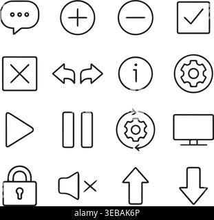 Basic control and navigation icons set outline with navigation checkmark information settings computer software collection. Stock Vector