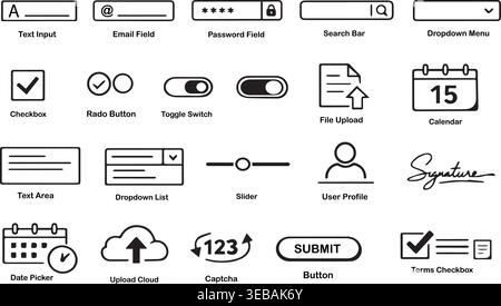 User interface and web form elements icons set outline with search bar interface username password dropdown checkbox. Stock Vector