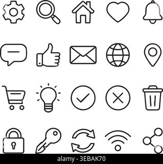 Simple outline icons for web and user interface elements settings search home heart bell chat thumbs up email with thumbs. Stock Vector