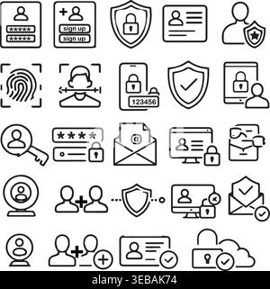 Set of outline icons for security and privacy fingerprint password user profile lock shield webcam symbols with security, password. Stock Vector