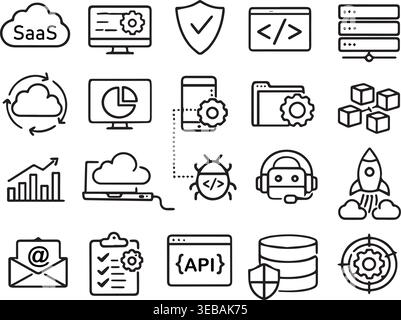 Cloud computing and software development icons set with security database business analytics settings monitoring strategy. EPS file. Stock Vector