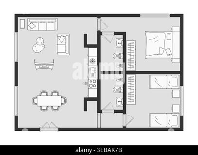 Professional 2D floor plan of a modern two-bedroom apartment. Stock Vector