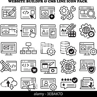 Website builder and cms line icon pack with web design content management system user interface magnifying glass development. Stock Vector