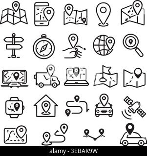 Collection of simple outline icons representing navigation and location services maps gps pins compass satellite car with location. Stock Vector