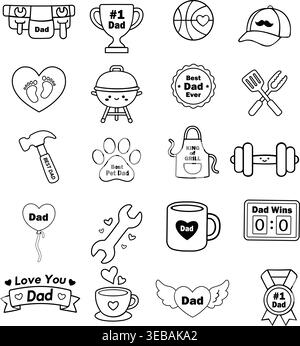 This is a playful set of vintage-style Father’s Day icon stickers and emblems. It includes a variety of simple black line icons with small highlights Stock Vector