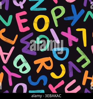 Colorful alphabet on dark background vector seamless pattern, Hand painted vibrant letters for kids designs, education resources Stock Vector