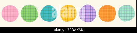 Round colorful vector shapes in bright colors with grid pattern, text box circles graphic design elements for scrapbook and package design Stock Vector