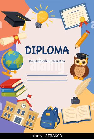 Colorful Kids Diploma Certificate Template with Education Icons Stock Vector
