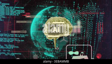 Floating 3D brain labeled AI sitting centered in virtual UI, with holo globe, code streams Stock Photo