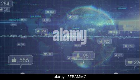 Displaying particle globe rotating at center of dashboard, with notification bubbles and counters Stock Photo