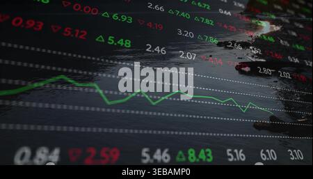 Displaying green zigzag line chart crossing dotted grid lines over waterfront, with numeric tickers Stock Photo
