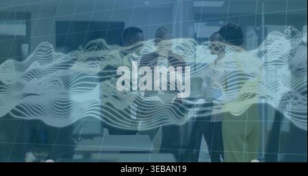 Discussing project, four-person team in business attire standing in office with waveform overlay Stock Photo