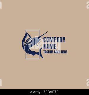 Simple Nautical Marine Symbol With Swordfish Sailfish Silhouette And Geometric Border Frame Stock Vector