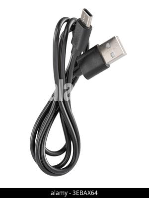 A detailed macro shot of a black USB Type-C cable connector with silver metallic pins, isolated on a white background Stock Photo