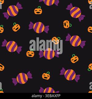 Seamless Halloween pattern with cute pumpkins and striped candies on dark background. Perfect for fabric, wrapping paper, wallpaper, and seasonal desi Stock Vector
