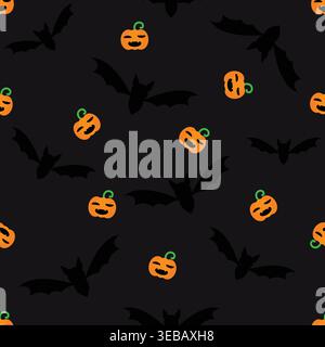Seamless Halloween pattern featuring cute pumpkins and flying bat silhouettes on dark background. Ideal for fabric, wrapping paper, wallpaper, and fes Stock Vector