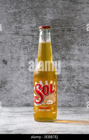 Antalya, Turkey - April 25, 2026: Sol beer bottle on textured concrete background with studio lighting Stock Photo