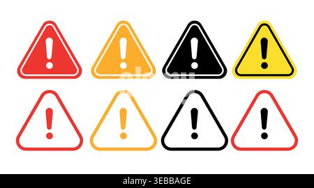 Warning sign icon set: triangle with exclamation mark in red, yellow, and black colors Stock Vector