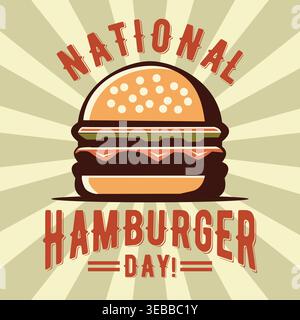 Simple minimalist retro vintage vector illustration featuring classic American hamburger, bold National Hamburger Day typography, warm tones, grain te Stock Vector