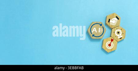AI Business Goal and Strategy Concept with Magnifying Glass, Wooden Blocks and Target Icons. Stock Photo