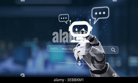 A robotic hand interacts with a digital chatbot interface, showcasing advanced communication symbols, emphasizing the integration of artificial Stock Photo