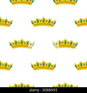 Seamless pattern with golden crowns and emerald gems. Royal background with gold tiaras, purple jewels, and kingly ornaments on white. Vector Stock Vector