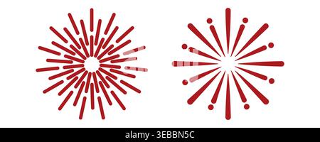 Red fireworks starburst set isolated on white. Abstract sunburst or firecracker sparkle icons for Chinese New Year and festive celebration. Vector Stock Vector